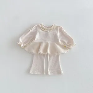Cute baby girls long sleeve mesh peplum top and flared pants two piece outfit for spring.