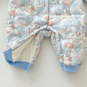 Baby winter fleece-lined thickened quilted romper featuring cute cat and floral print detail.