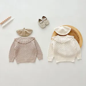 Charming infant knit cardigan set featuring a sweet ruffle collar and matching cute beret.