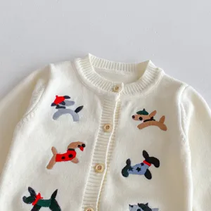 Cute puppy embroidery infant knitted cardigan, cozy baby autumn long sleeve button sweater.