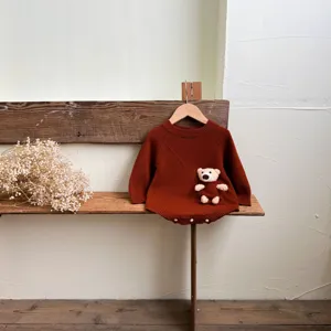 Cute infant baby knit romper long sleeve with bear pocket jumpsuit for autumn clothing