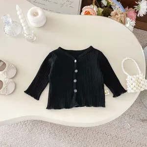 Cardigan en tricot côtelé noir pour nourrisson, haut de pull pour bébé à manches longues.
