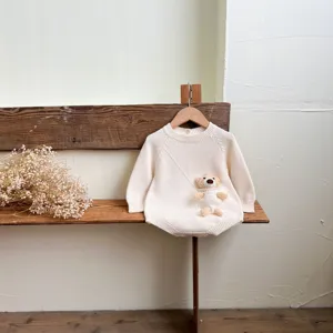 Cute infant baby knit romper long sleeve jumpsuit with bear pocket for autumn newborn toddler
