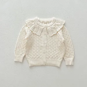 Baby girl knit cardigan with ruffle collar long sleeve autumn knitwear detail view