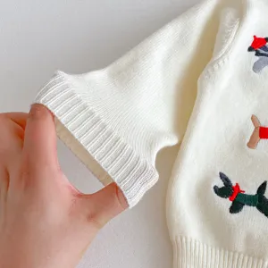 Infant knit cardigan sleeve detail, cute puppy embroidery and soft ribbed cuffs design.