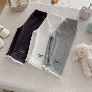 Infant baby girl autumn leggings with cute bow embroidery and lace trim comfortable pants