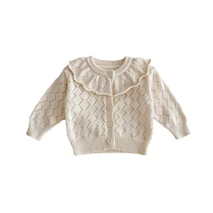 Cute baby girl knitted cardigan with ruffle collar and hollow knit design for spring wear.