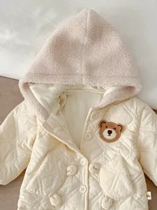 Cozy baby winter hooded quilted jacket with cute bear patch, warm and soft daily wear.