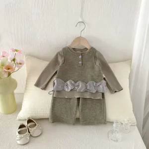 Cute infant toddler baby girl clothing set long sleeve waffle top and pants sweet style.
