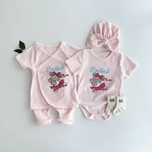 Infant baby summer short sleeve ribbed cotton clothing set with cute ballet bear print.