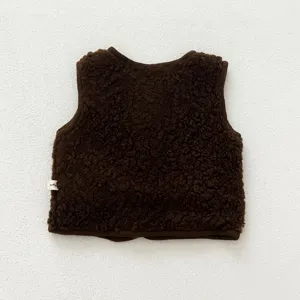 Brown toddler fleece vest detail view, cozy winter sleeveless outerwear for baby kids.