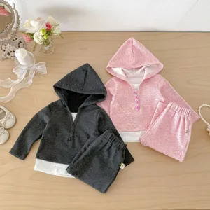 Süsses Mädchen Frühlings Zweiteiler Outfit Set mit Kapuzenpullover und weiten Freizeithosen.