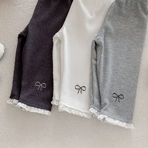 Infant baby girl ribbed leggings waffle knit cute bow embroidery lace trim toddler pants