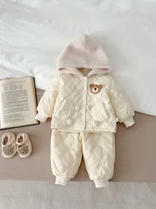 Winter baby padded clothing set infant cute bear hooded fleece warm thick outfit coat pants