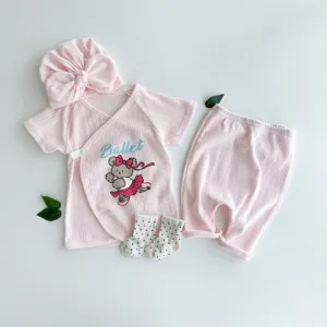 Summer baby pink short-sleeve top pants hat socks set with cute ballet bear cartoon design.