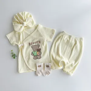 Summer baby clothes set short sleeve top pants hat socks cute cartoon bear infant outfits