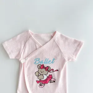 Pink baby short sleeve crossover top with cute ballet bear print and soft fabric detail.