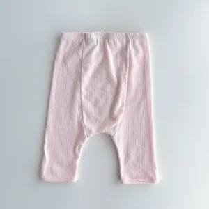 Pink ribbed baby leggings, breathable cotton infant pants for summer daily wear, cute style.