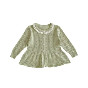 Baby girl light green knit cardigan featuring white ruffle collar and breathable hollow design.