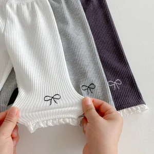 Infant ribbed leggings toddler cute bow embroidery lace trim casual baby pants 3 colors
