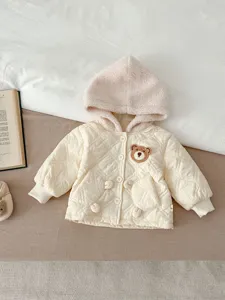 Toddler cute bear quilted hooded winter jacket, warm fleece-lined baby cotton coat, soft cream color.