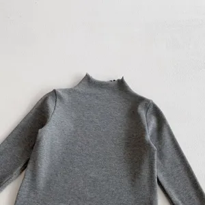 Grey ribbed kids long sleeve turtleneck top detail, soft daily wear basic children sweater.