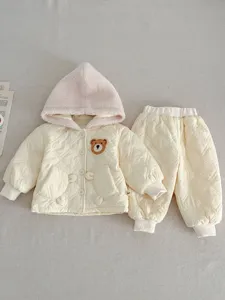 Baby winter cotton-padded suit, cute bear hooded warm jacket and pants set for infants.