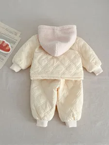 Baby winter padded cotton jacket and pants set with fleece hood, warm quilted toddler winter outfit detail.