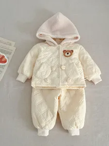 Infant fleece-lined hooded winter cotton padded jacket set with cute bear embroidery detail.