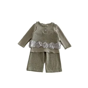 Cute toddler baby girls clothing set waffle knit long sleeve top vest pants 3-piece outfit