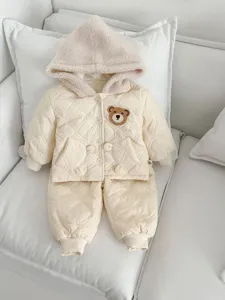 Cute baby winter clothing set, hooded quilted jacket and pants with cute bear patch.