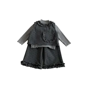 Girls 3-piece spring outfit set with polka dot vest long sleeve top and wide leg pants
