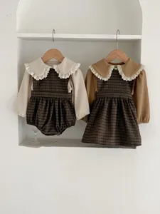 Infant toddler baby sister sister matching plaid dress romper with lace ruffle collar set