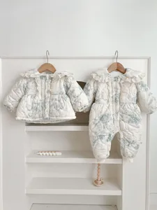 Baby Girls Thickened Warm Romper Outerwear Lace Trim Floral Print Winter Jacket