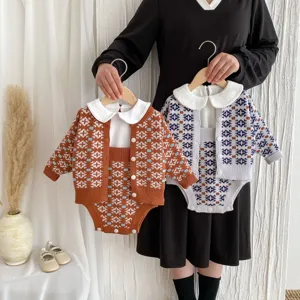 Infant baby knitwear cardigan romper set, cute doll collar, detailed geometric knit pattern.