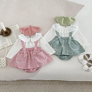 Infant baby girl autumn floral strap romper set with cute beret hat boutique clothing detailing