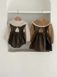 Infant baby toddler girl sister matching sets long sleeve top plaid romper and dress cute style