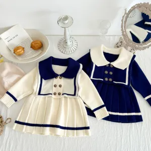 Baby Girls Sailor Collar Knitted Dress Toddler Long Sleeve Pleated Sweater Dress Fall Spring Cotton Children Clothes