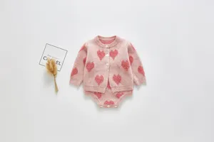 Infant baby knit cardigan and onesie set with cute pink fuzzy heart pattern for little girls.