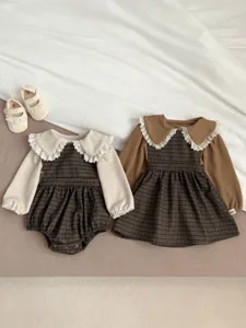 Baby Girls Korean Style Grid Dress And Romper Long Sleeve Tops Toddler Spring Outfit Set