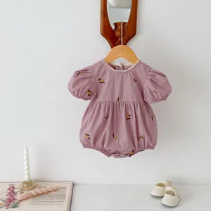 Adorable vestido romper de verano para bebé niña con bordado de limón y cuello de encaje.