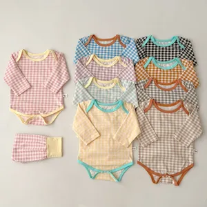 Neonato Bambino Cotone Quadri Manica Lunga Romper Vita Alta Protezione Pancia Pantaloni Due Pezzi Set Bambini Casual Abbigliamento Casa