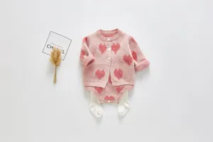 Infant baby knitted cardigan romper set with cute pink fluffy heart patterns for daily wear.