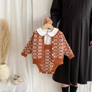 Cute baby infant knit cardigan romper set toddler autumn winter clothes with white collar