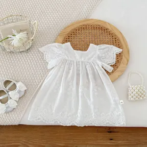 Details of baby girl white lace flutter sleeve dress, exquisite floral embroidery, summer wear.