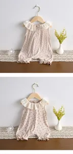 Cute baby floral sleeveless romper with lace lotus collar, detail view for summer style.