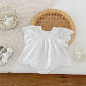 Infant baby girl white cotton lace flutter sleeve romper dress summer cute bodysuit clothing