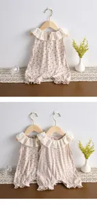Cute baby girl floral romper featuring a delicate lace ruffle collar and sleeveless design.