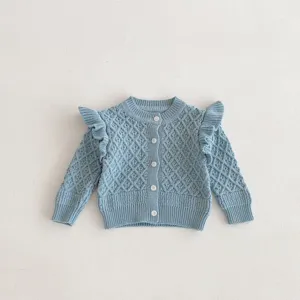 Infant baby girls cute knitted cardigan sweater, light blue diamond jacquard with lovely ruffles.