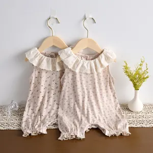 Baby Girls Summer Sleeveless Cotton Romper Cute Floral Ruffle Collar Bodysuit Infant Daily Casual Clothes